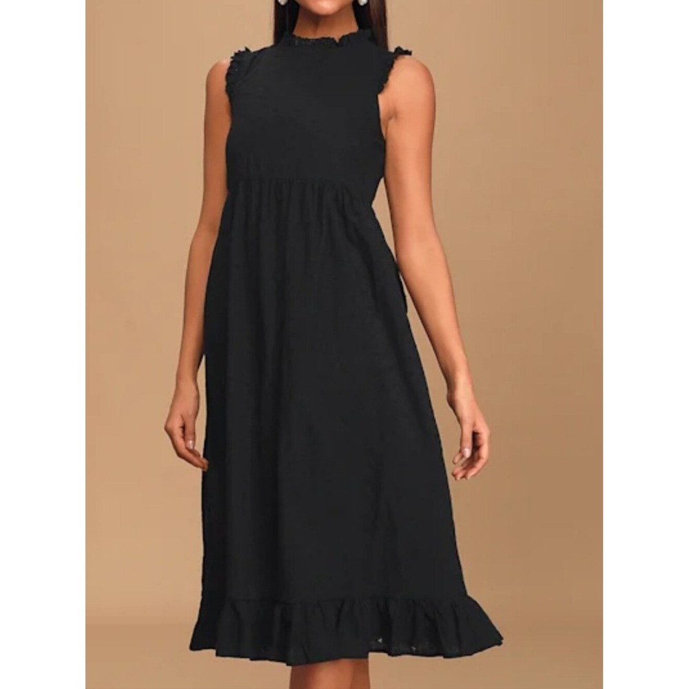 Lulus Women Black Eyelit Ruffle Sleeveless High Neck Midi Dress NWT S